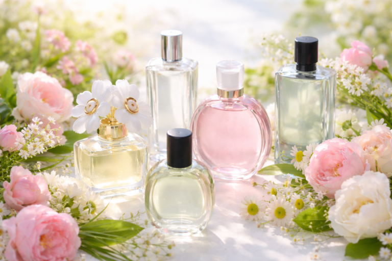 Eleganckie flakony perfum w pastelowych odcieniach otoczone wiosennymi kwiatami w naturalnym świetle dziennym