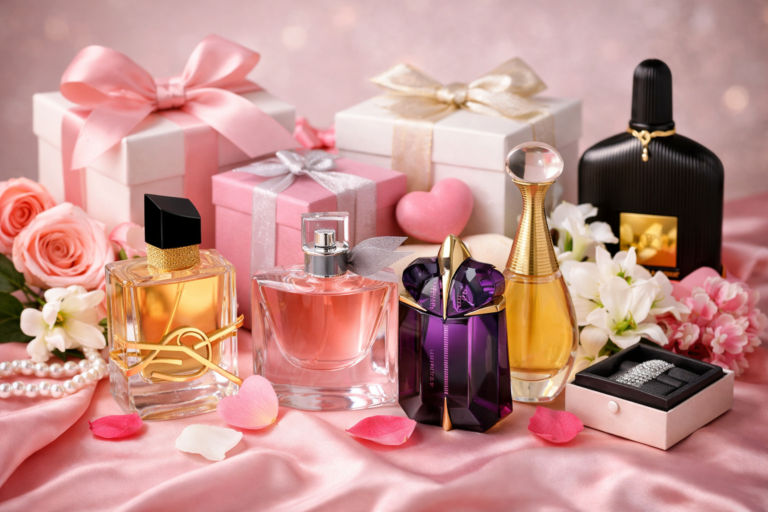 Perfumy damskie na Dzień Kobiet z kwiatami i prezentami na różowym tle