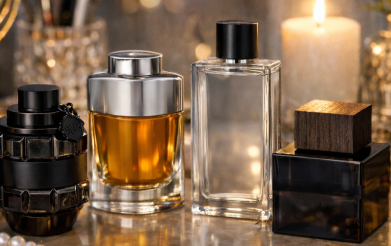 Luksusowe perfumy na tle świec i kwiatów