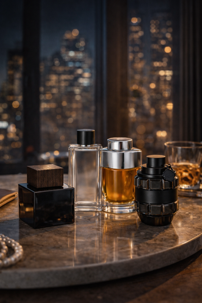 Perfumy i whisky przy miejskim świetle