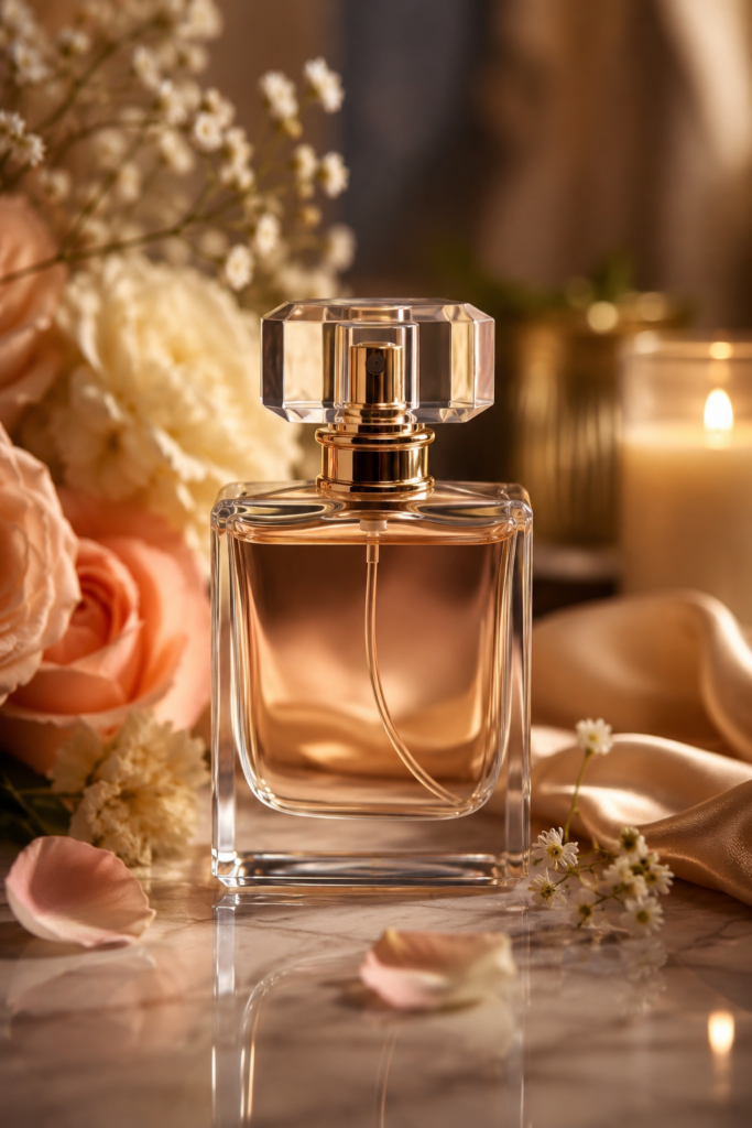 Elegancka kompozycja z perfumami i kwiatami